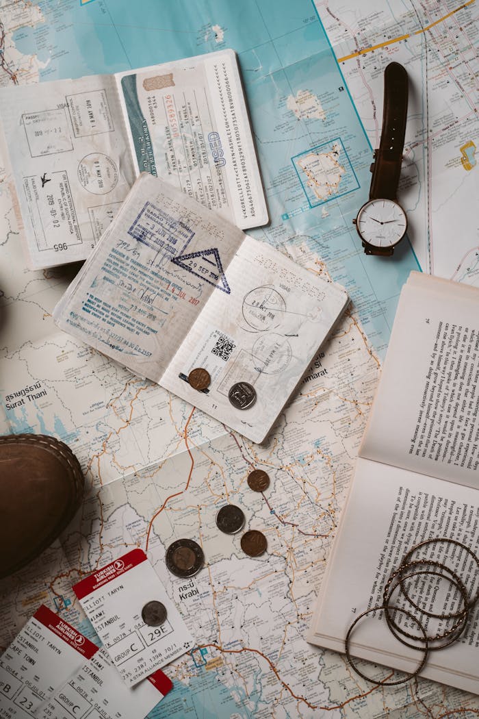 services-02 Explore wanderlust with flatlay of passport, map, and travel essentials.